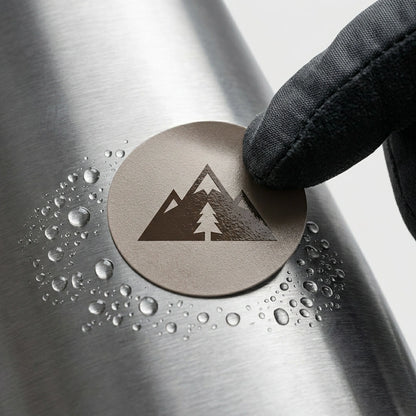 A close-up view of a durable, spot-gloss finished vinyl circle decal with a mountain peak logo. Water droplets are beading on the surface of the sticker which is applied to a brushed metal water bottle.